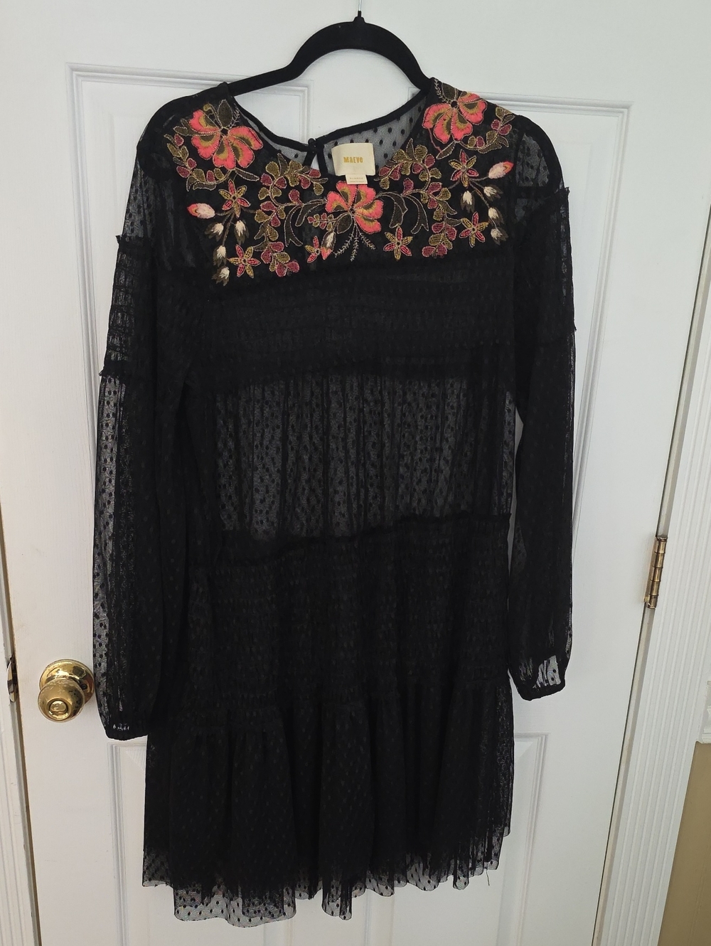 Maeve Black Sheer Dot Dress with Pink Floral Embroidery Size XL